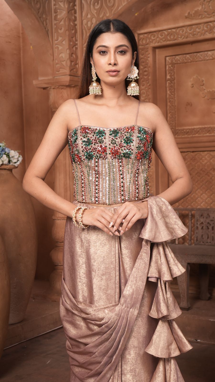 The Rose Gold Shimmer Saree Gown