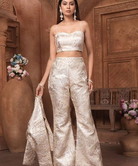 The 'Noor' Brocade Crop Top, Flared Trousers, and Blazer Set