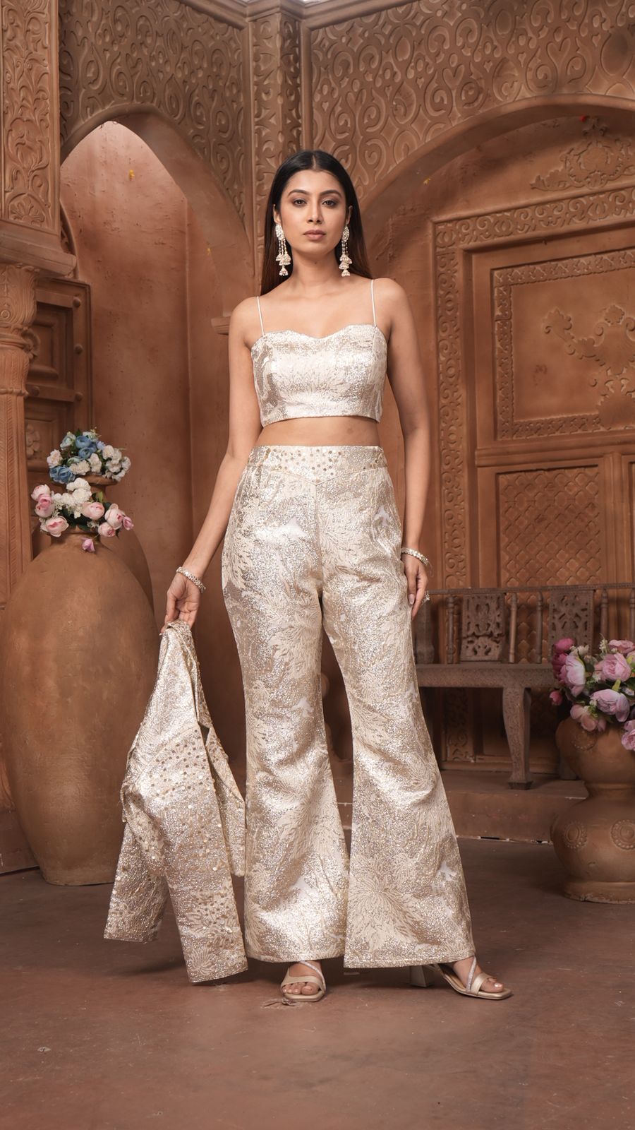 The 'Noor' Brocade Crop Top, Flared Trousers, and Blazer Set